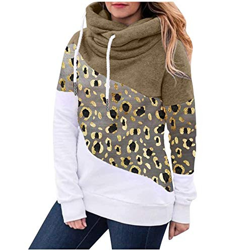 POTO Women s Casual Tunic Hoodies Long Sleeve Leopard Color Block Pullover Sweatshirt Cowl Neck Hooded Sweater Tops Army Green