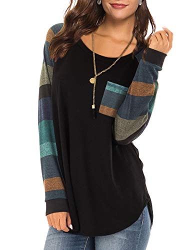 Women s Casual Color Block Long Sleeve Pullover Blouse Round Neck Loose Tunic T Shirt Tops Sweatshirt with Pocket  L  Black