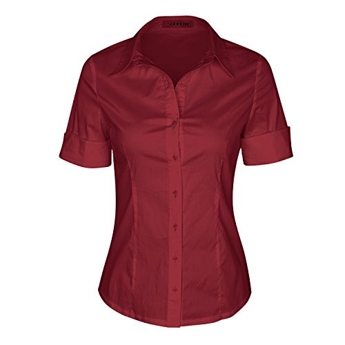 SUNNOW Womens Tailored Short Sleeve Basic Simple Button-Down Shirt with Stretch  XL  Wine Red