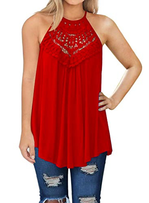 MIHOLL Womens Summer Casual Sleeveless Tops Lace Flowy Loose Shirts Tank Tops  Red  Small