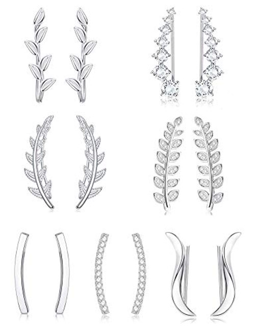 Florideco 7 Pairs Ear Cuffs Hoop Climber Earrings for Women CZ Leaf Crawler Earring Arrow Bar Stud Earrings Set