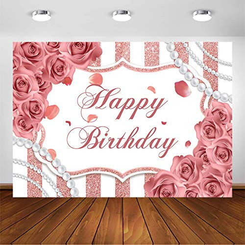 Avezano Rose Gold Birthday Party Backdrop for Girls Woman Photoshoot White Rose Gold Stripes Floral Pearl Sweet Happy Birthday Party Banner Decorations Photography Background  7x5ft