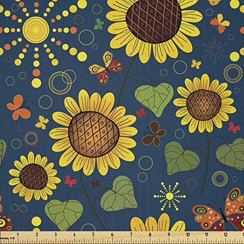 Lunarable Paint Fabric by The Yard  Sunflower Pattern with Colorful Butterflies Sun and Circles Abstract Farming Image  Microfiber Fabric for Arts and Crafts Textiles  and  Decor  1 Yard  Dark Blue