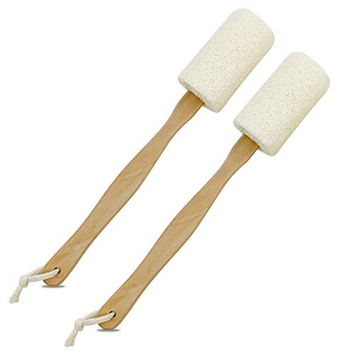Loofah Back Scrubber for Shower  Shellvcase Loofah on a Stick with Natural Loofah Sponge Exfoliating Body Sponge Scrubber With Long Wooden Handle Back Brush For Men  and  Women in Bath Spa Shower 2 Pack