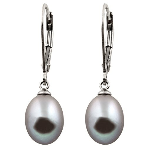 Splendid Pearls 925 Sterling Silver 8mm Genuine Pearls Freshwater Cultured Lever-back Dangling Earrings for Women  Grey