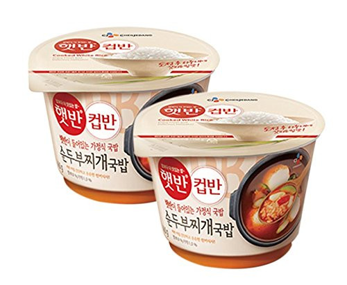 Korean CJ Hetbahn Cupbahn Microwavable Cooked Rice with Soup  Spicy Soft Tofu Soup  2 Pack