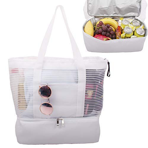 Large Mesh Beach Tote Bag with Zipper and Insulated Picnic Cooler Leak-proof for Beach Pool Outdoor Trave Gym