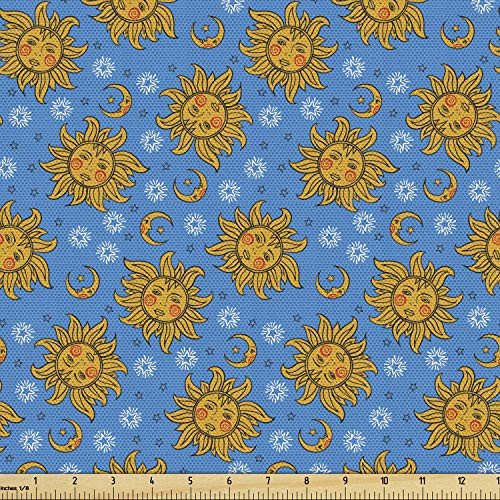 Ambesonne Mystic Fabric by The Yard  Repetitive Pattern of Sun and Moon with Face and Stars  Decorative Fabric for Upholstery and Home Accents  1 Yard  Mustard Blue