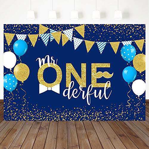 Mocsicka Mr. Onederful Birthday Party Backdrop 7x5ft Boys 1st Birthday Background Bow Tie Little Man First Birthday Party Cake Table Decoration Banner Photo Booth Props  Blue