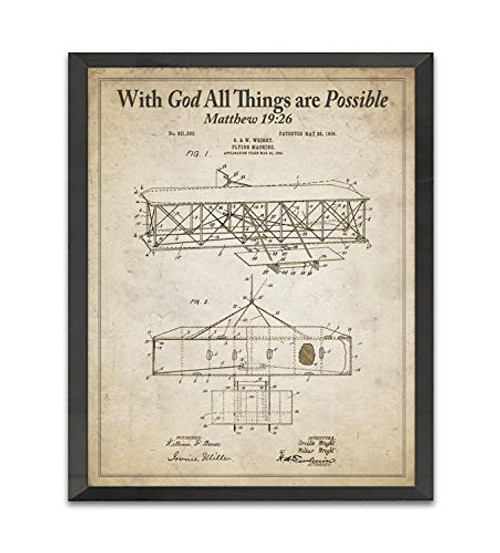 With God All Things Are Possible  Matthew 19 26 Bible Verse Patent Art Print  Unframed  The Wright Brothers Airplane Patent  Christian Wall Art Decor Poster Sign  All Sizes