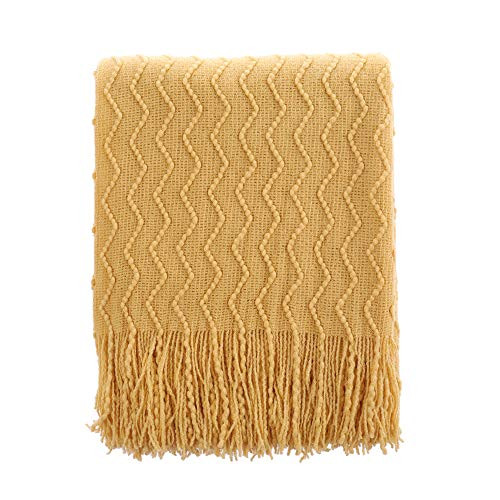 BATTILO HOME Lightweight Throw Blanket Textured Solid Soft Sofa Couch Cover Decorative Knitted Blanket  50 inchx60 inch  Mustard