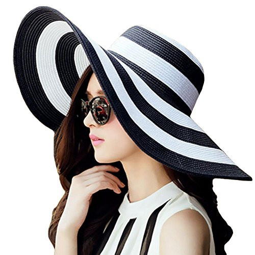 Itopfox Womens Beachwear Sun Hat Striped Straw Hat Floppy Big Brim Hat Black One Size 22inch-22.8inch Circumference