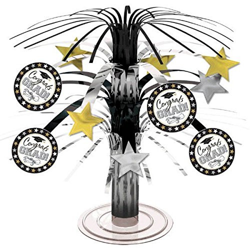 Amscan Black, Silver & Gold Graduation Party Caps & Stars Mini Cascade Table Centerpiece Decoration, Foil, 7" Party Supplies