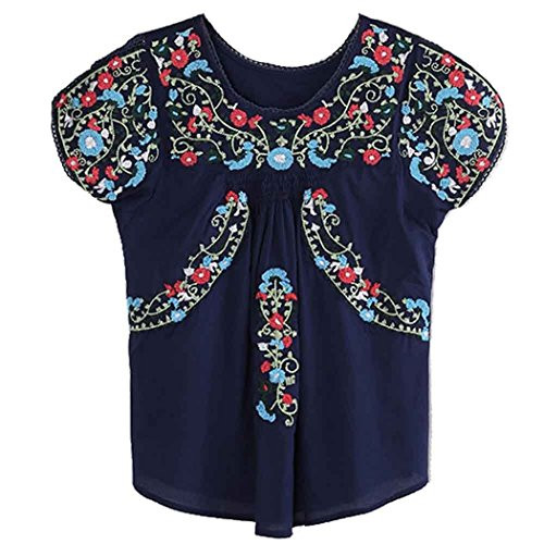 Kafeimali Women s Peasant Tops Mexican Blouse Colorful Flowers Embroidered Boho T Shirt  Navy Blue