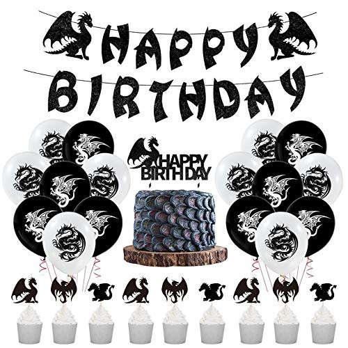 32Pcs Fantasy Dragon Party Supplies Including Dark Dragon Birthday Banner Black Dragon Cake Topper and Cupcake Toppers Pterodactyl Latex balloons Dragon Theme for kid s Boy Party Decorations 32Pcs Fantasy Dragon Party Supplies Including Dark Dragon Birthday Banner Black Dragon Cake Topper and Cupcake Toppers Pterodactyl Latex balloons Dragon Theme for kid s Boy Party Decorations