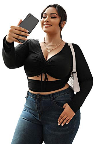Romwe Women s Plus Size Knot Front V Neck Long Sleeve Cutout Elegant Crop Tops Blouse Black 2XL