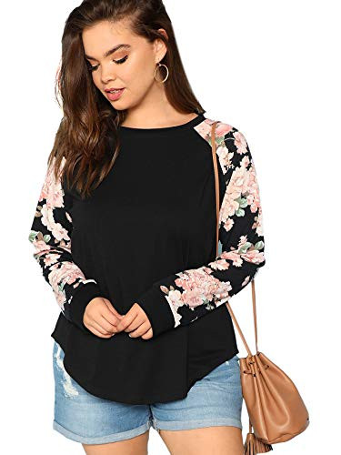 MakeMeChic Women s Plus Size Floral Print Round Neck Long Sleeve Tee Top Floral Black 0XL