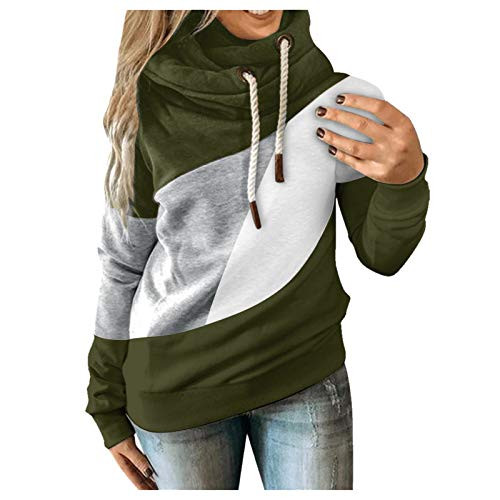POTO Women s Casual Hoodies Cowl Neck Long Sleeve Lightweight Pullover Sweater Color Block Tunic Hooded Blouse Tops Army Green