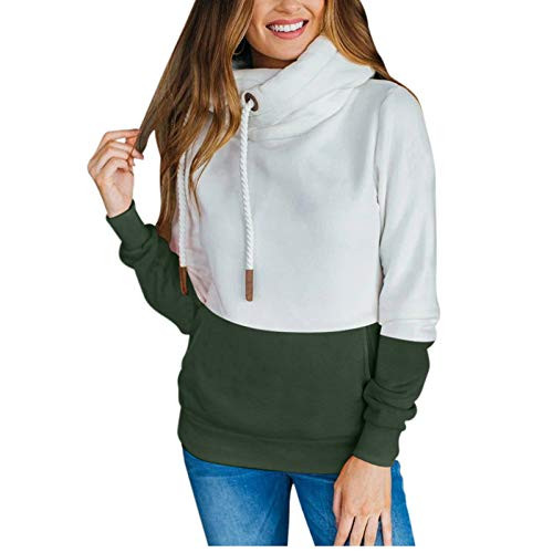 POTO Womens Tunic Pullover Hoodies Cowl Neck Long Sleeve Hooded Sweatshirt Tops Color Block Casual Sweaters with Pockets Army Green