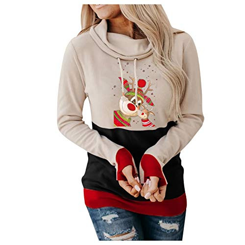 POTO Women s Long Sleeve Sweatshirt Cute Christmas Reindeer Lightweight Tunic Hoodies Color Block Pullover Sweaters Tops Black