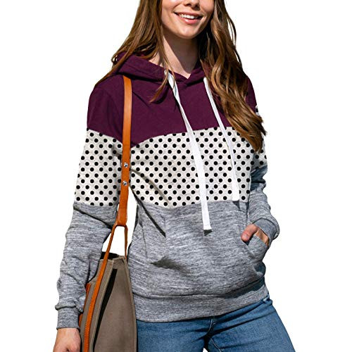 POTO Women s Long Sleeve Sweatshirt Color Block Lightweight Hoodie Jackets Polka Dots Pullover Sweaters with Pockets Purple