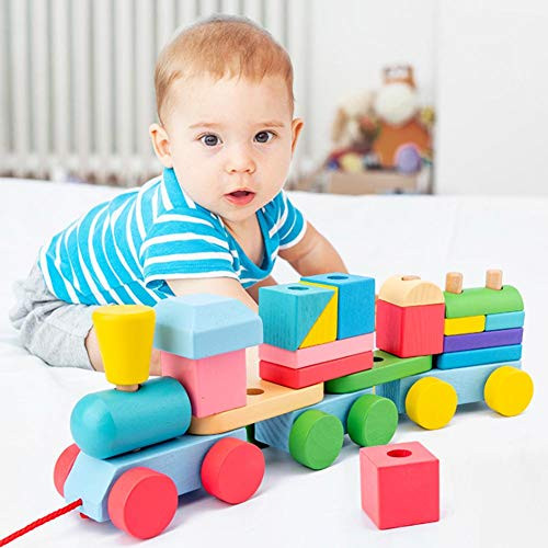 Wooden Stacking Train Wooden Blocks Puzzle Blocks Montessori Toys for Toddlers Wooden Baby Pull Toys Recognition Stacking Toys for Toddler