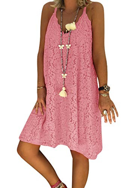 ZICUE Women s Boho Lace Swing Midi Dress Summer Spaghetti Strap Boho Sundress Plus Size Pink 2XL ZICUE Women s Boho Lace Swing Midi Dress Summer Spaghetti Strap Boho Sundress Plus Size Pink 2XL