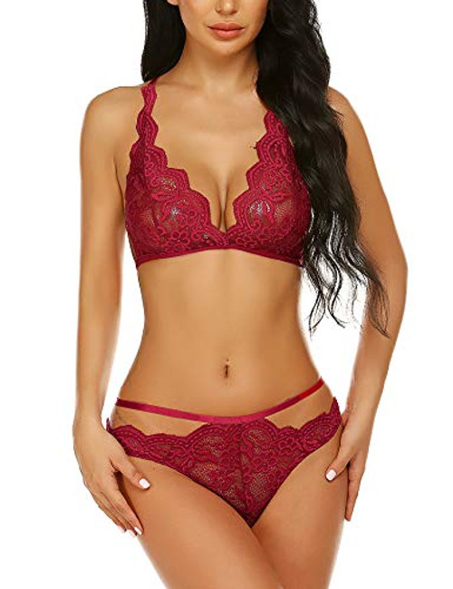 ADOME Women s Lace Lingerie Sets Bralette Bra and Panty Set Strappy Babydoll Wine Red XX-Large ADOME Women s Lace Lingerie Sets Bralette Bra and Panty Set Strappy Babydoll Wine Red XX-Large