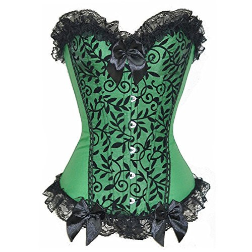 KIWI RATA Women s Plus Size Floral Trim Lace up Boned Overbust Corset Waist Cincher Bustier Green
