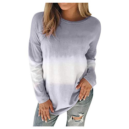POTO Women Tunic Tops Long Sleeve Crewneck Pullover Sweatshirt Gradient Color Block Causal T-Shirts Blouse
