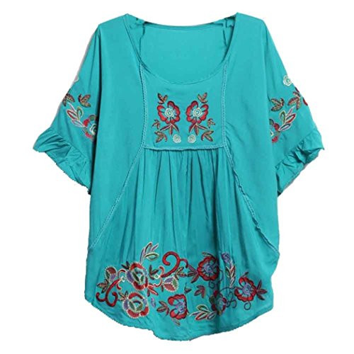 Kafeimali Women s Tops Batwing Floral Embroidered Loose Peasant Mexican Blouse  Green