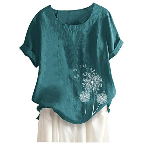Tomppy Women Plus Size T-Shirt Ladies Casual Summer Cotton Linen Short Sleeve Dandelion Printed Tops Blouse Green
