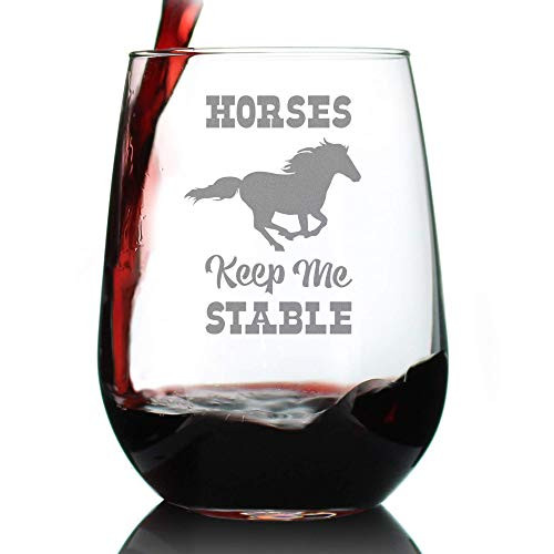 Horses Keep Me Stable  Cute Funny Stemless Wine Glass  Large 17 Ounces  Etched Sayings  Gift Box