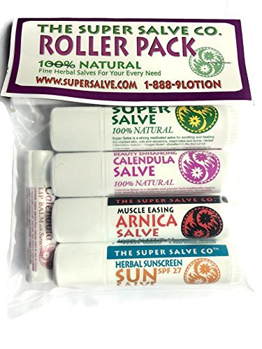 Super Salve Co. 100 percent Natural Herbal Travel Salves and Lip Salve Balm- Super Salve  Calendula Salve  Arnica Salve  Sun Salve  Salve Tubes  5 Pack