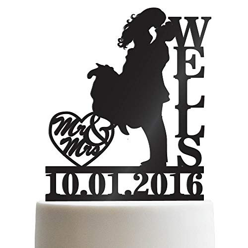 Bride  and  Groom Kissing Personalized Wedding Cake Topper Mr Mrs Heart Customized Wedding Date  and  Last Name To Be   Solid Color Cake Toppers