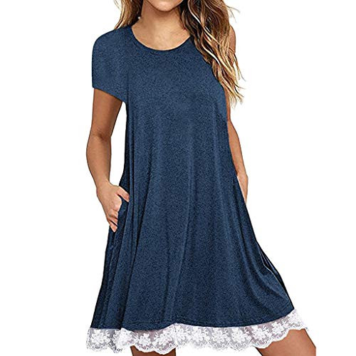 Women s Summer Casual T Shirt Dresses Short Sleeve Swing Dress with Pockets Plain Simple T-Shirt Loose Dress Lace Trim  L  Navy