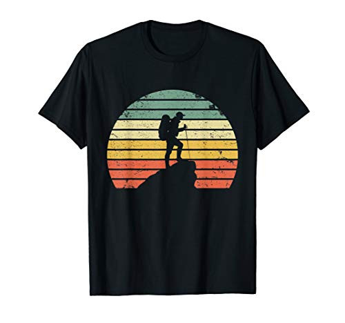Vintage Hiking T Shirt Hiker on Rock Retro Sunset Silhouette T-Shirt