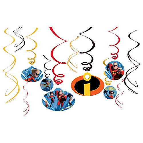 Amscan 12 Disney Pixar Incredibles 2 Superhero Birthday Party Hanging Cutout Swirls Decorations
