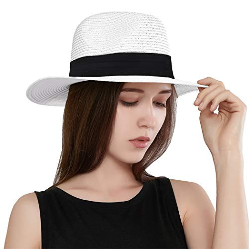 Taylormia Womens UPF 50 plus Wide Brim Panama Straw Hat Foldable Fedora Beach Sun Hat White