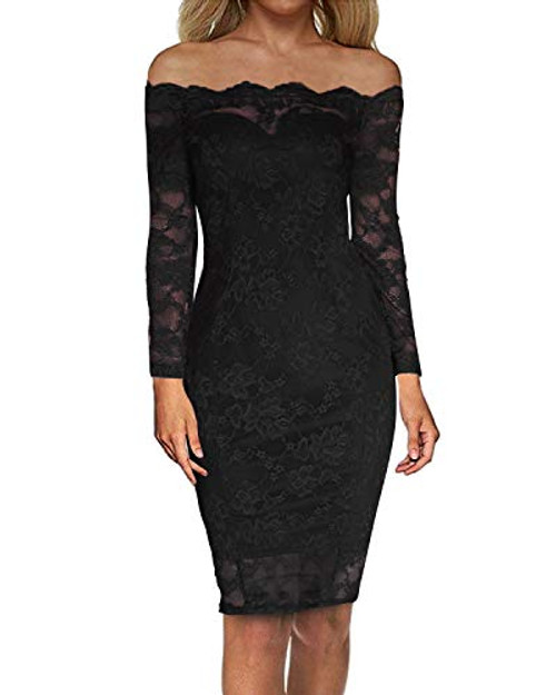 Auxo Women Off Shoulder Floral Lace Dress Vintage Bodycon Slim Long Sleeve Midi Party Cocktail Dressess Black XL