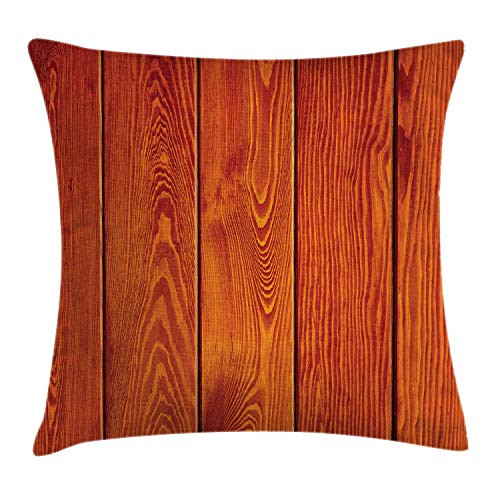 Ambesonne Orange Throw Pillow Cushion Cover, Wooden Rustic Texture Image with Natural Patterns Oak Timber Tree Floor Print, Decorative Square Accent Pillow Case, 16 X 16 inches, Orange Marigold
