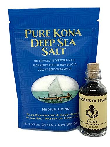 Kona Sea Salt Bundle with 1 - 6oz. Bag Medium Grind Kona Deep Sea Salt  and  1 Sea Salts of Hawaii 1oz. Bottle of Uahi Sea Salt