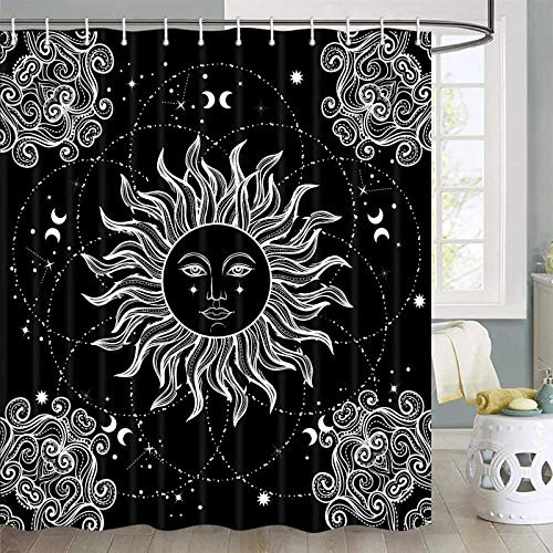 Burning Sun Moon Shower Curtain  Mandala Celestial Black and White Decor Medallion Mystic Boho Chic Art Bathroom Shower Curtain Sets  Fabric Shower Curtain Hooks Include  70 in
