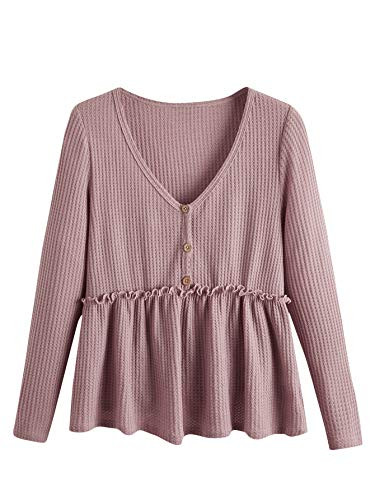 Romwe Women s Plus Waffle Knit Long Sleeve V Neck Ruffle Hem Babydoll Tops T Shirts Dusty Pink 3XL