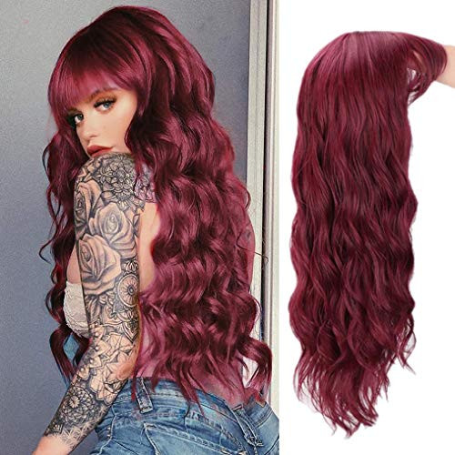 Beweig Womens Long Wavy Wine Red Wigs with Bangs Natural Curly Heat Resistant Cosplay Synthetic Hair Full Wig