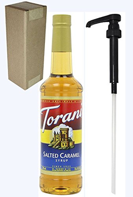 Torani Salted Caramel Flavoring Syrup  750mL  25.4 Fl Oz  Glass Bottle  Individually Boxed  With Black Pump