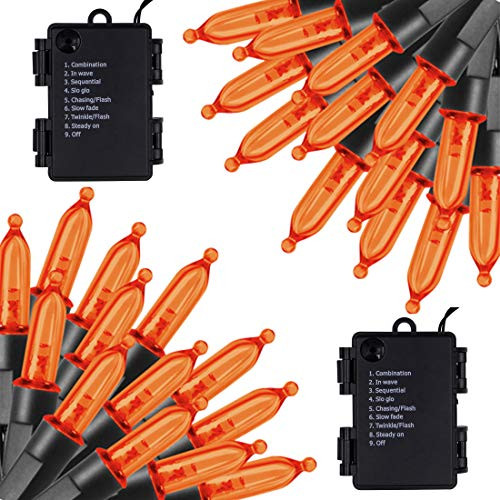 Twinkle Star Outdoor Halloween Lights Battery Operated 50 LED Mini String Light with 8 Modes  16ft Waterproof Fairy Lights for Garden Patio Wedding Wreath Party Decoration  Orange  2 Pack