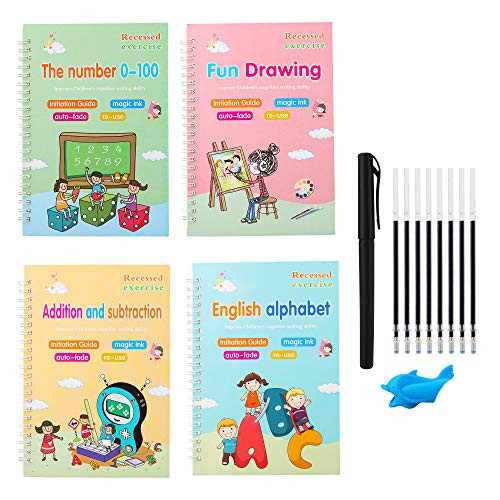 VLOJELRY 4Pcs Magic Practice Copybook for Kids - The Print Handwriting Workbook - Magical Reusable Handwriting Book - Alphabet Number Math Drawing Groove Copybook Set  Tracing Book with Pen
