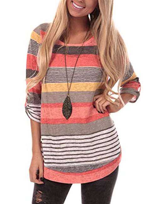 Casual Long Sleeve Round Neck Loose Sweater Tunic T Shirt Blouse Tops Striped Tunic Tops Orange