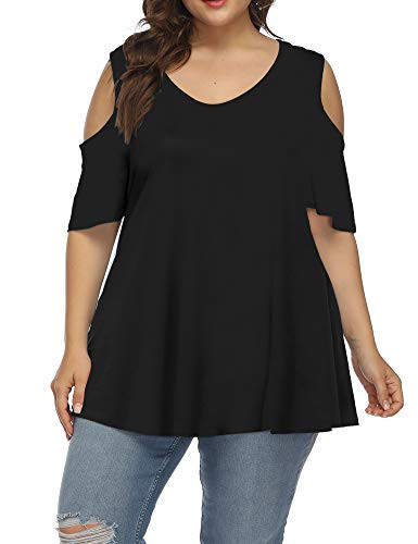 Gboomo Women Plus Size Tops Casual Cold Shoulder Short Sleeve T Shirts Summer Plus Size Tunic Black 1X